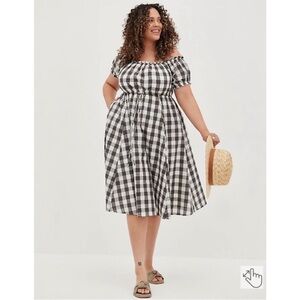 Torrid Black and White Smocked Off-Shoulder Midi Dress